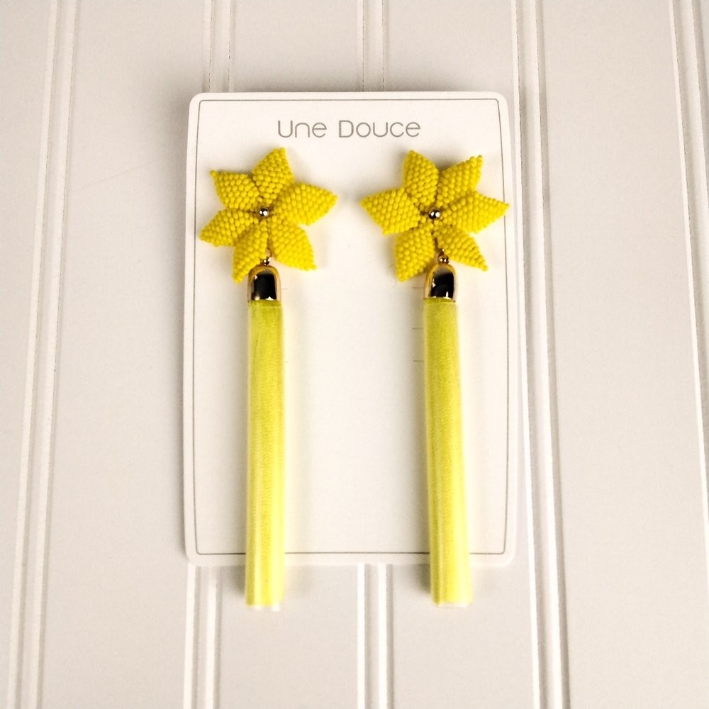 Una Douce Flower Beaded Tassel Statement Earrings In Yellow